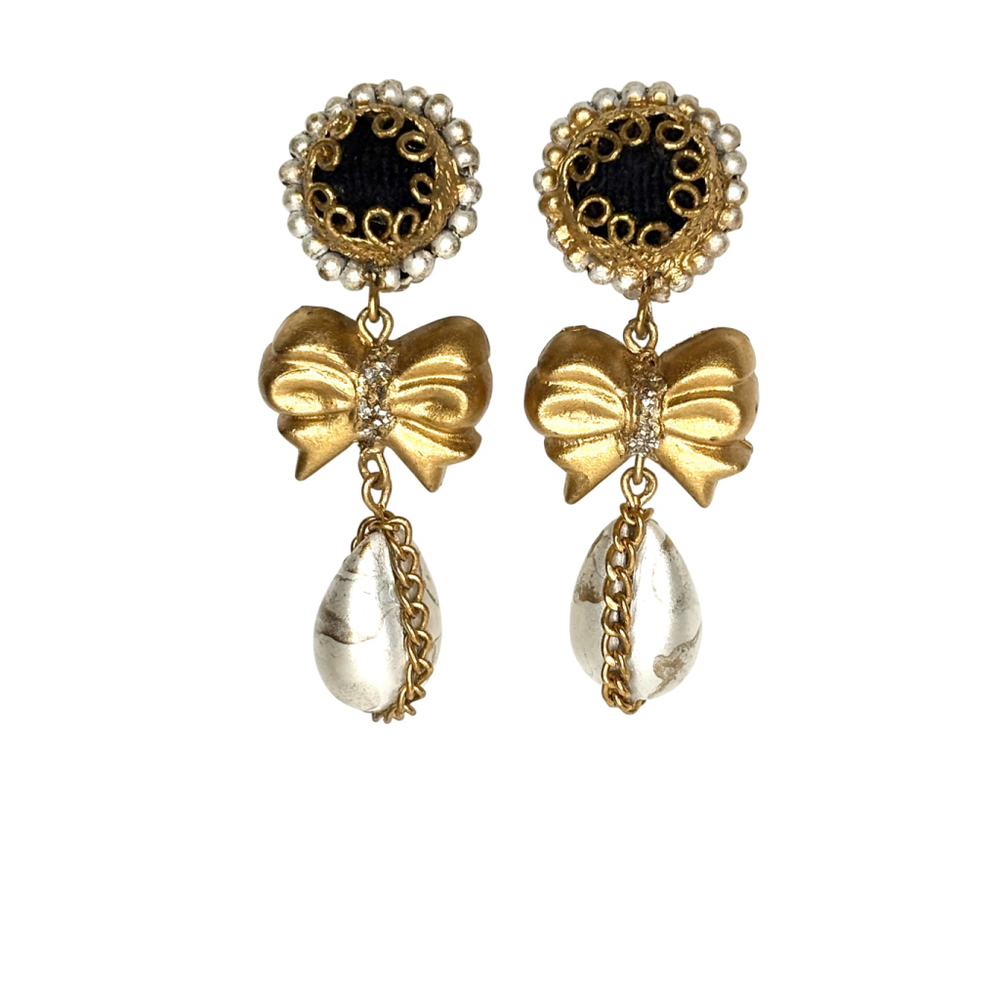VTG Gold Tone & Black Bow Drop Earrings Faux Pearl Statement Fashion Jewelry